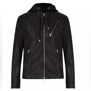 NEW Allsaints HARWOOD Bomber leather Jacket Black Size L  Retail $600 Hooded